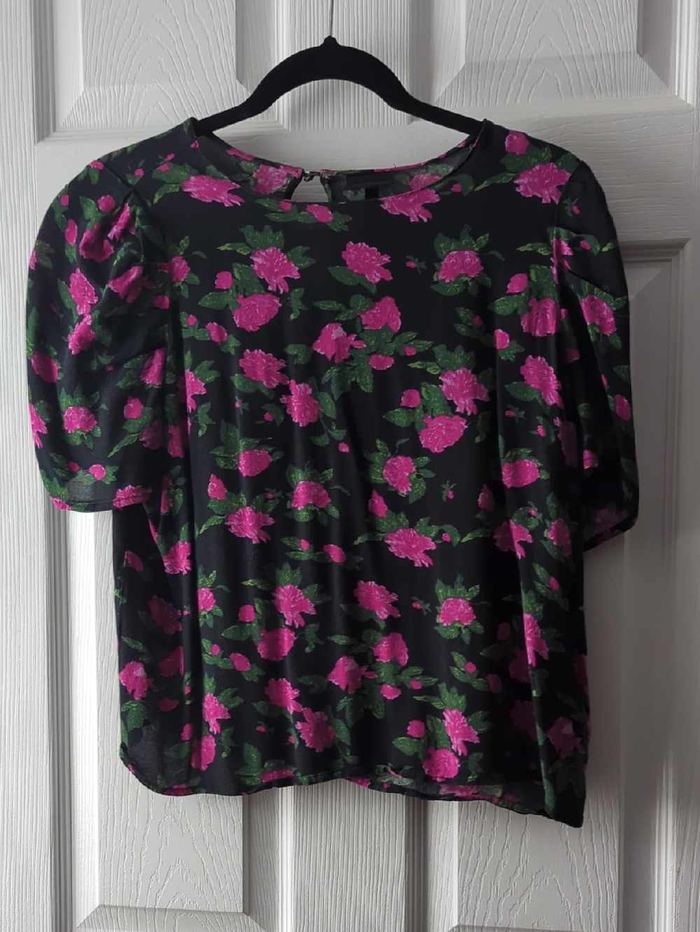 Who What Wear Black Blouse with Magenta Rose Print